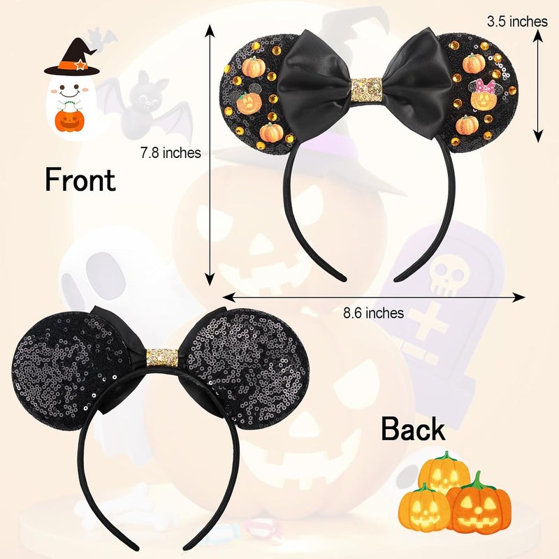 ETLUK Halloween Headband with Pumpkin & Orange Acrylic Rhinestones, Sparkly Sequin Bow Halloween Mouse Ears Accessories for Women, Girls, Adults - Image 2